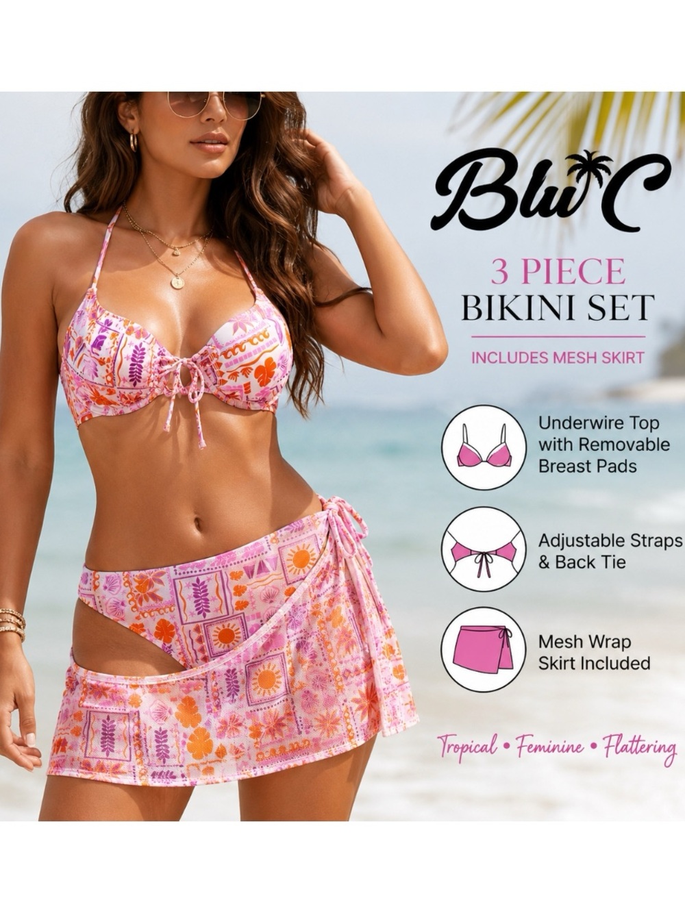 Blu C 3-Piece Bikini Set with Mesh Wrap Skirt | Tropical Print | Size Large